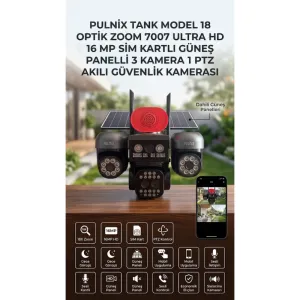 PULNİX 7007 TANK MODEL SİM KARTLI GÜNEŞ PANELLİ 4 KAMERALI 3 PTZ SOLAR KAMERA 4G AOV TEKNOLOJİSİ